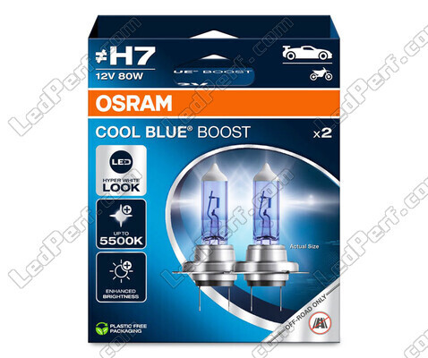 Lâmpadas H7 Osram Cool Blue Boost 5 500K efeito xénon ref: 62210CBB-2HB em embalagem de 2 lâmpadas