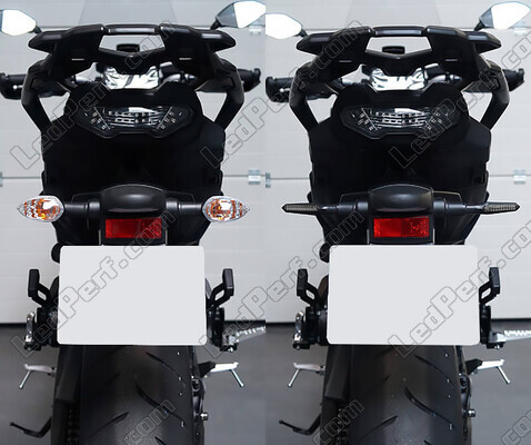 Comparativo antes e depois da instalação Piscas LED dinâmicos + luzes de stop para Derbi GPR 125 (2004 - 2009)